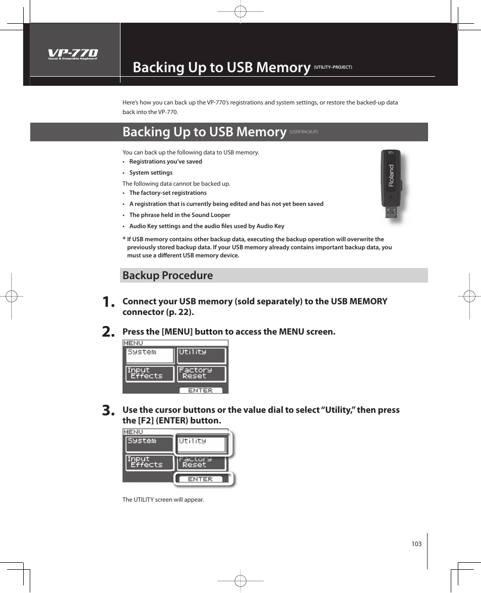 Backup procedure | Roland VP-770 User Manual | Page 103 / 128