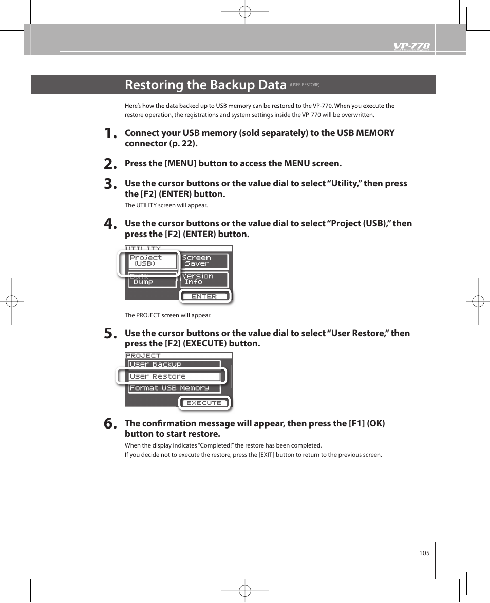 Restoring the backup data | Roland VP-770 User Manual | Page 105 / 128