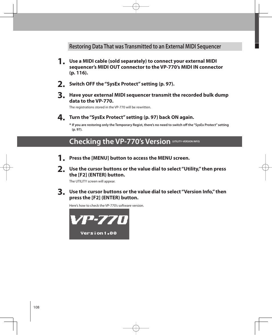 Checking the vp-770’s version | Roland VP-770 User Manual | Page 108 / 128