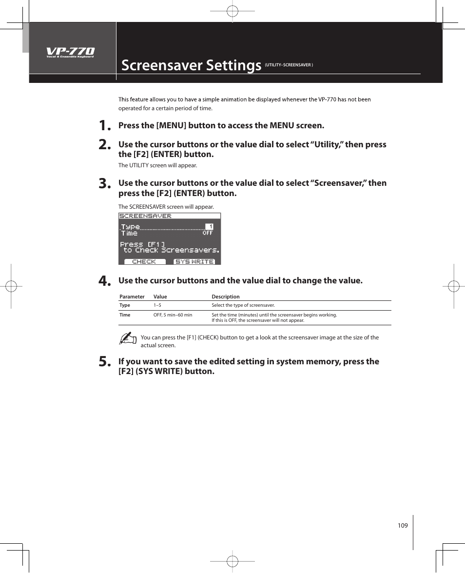 Screensaver settings | Roland VP-770 User Manual | Page 109 / 128