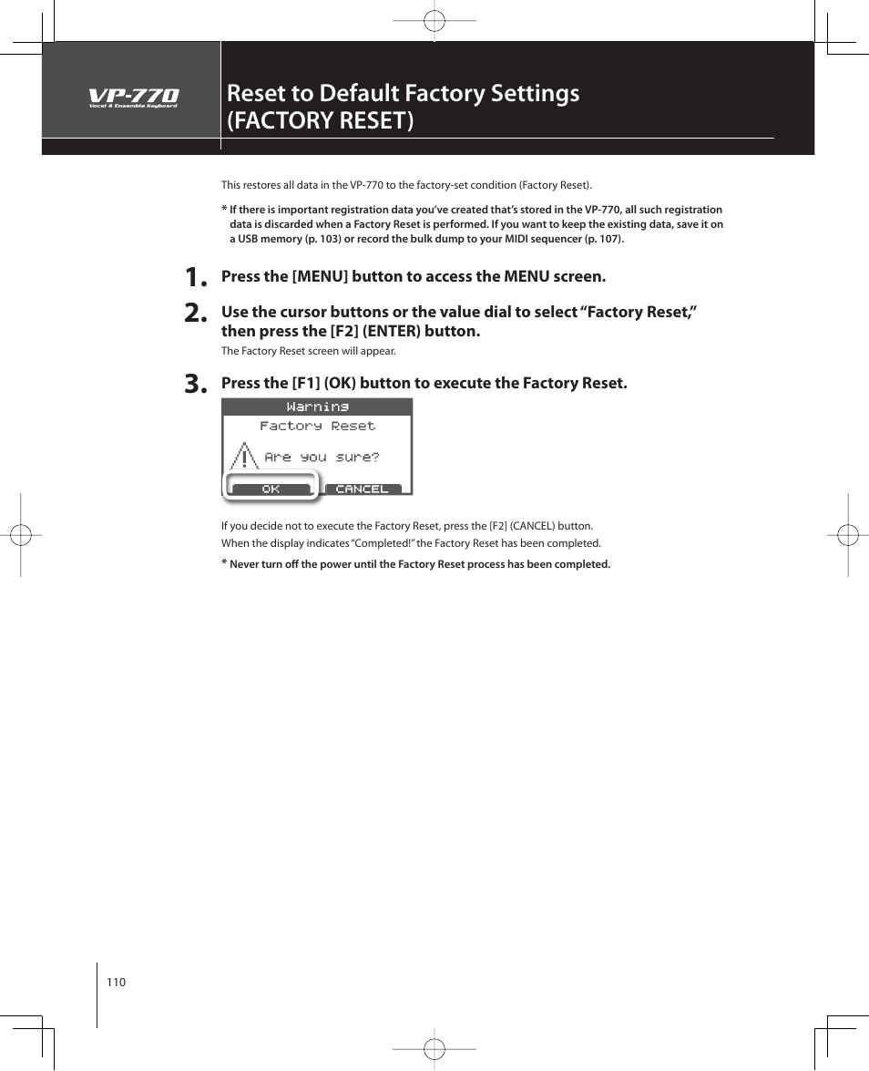 Reset to default factory settings ( factory reset) | Roland VP-770 User Manual | Page 110 / 128