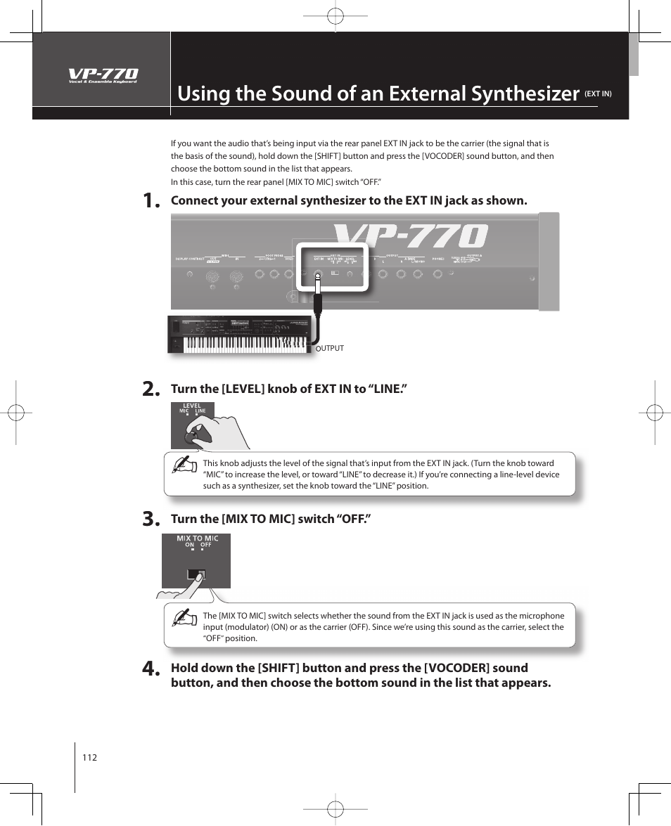 Using the sound of an external synthesizer | Roland VP-770 User Manual | Page 112 / 128