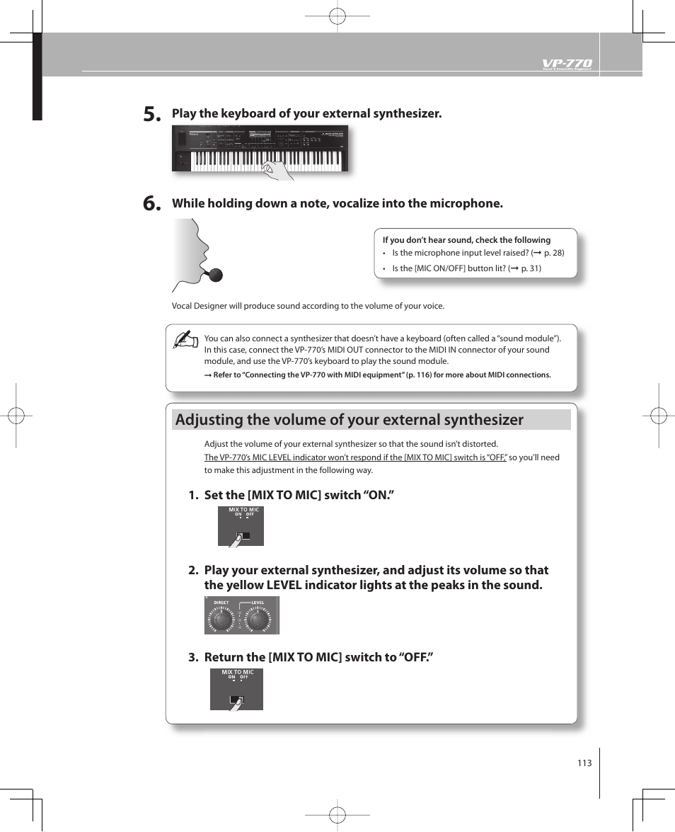 Adjusting the volume of your external synthesizer | Roland VP-770 User Manual | Page 113 / 128