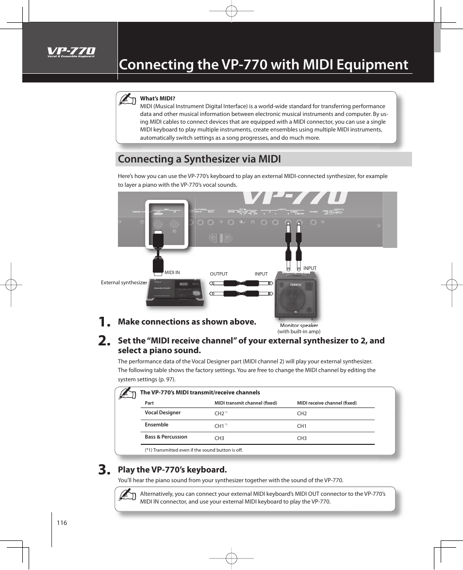 Connecting the vp-770 with midi equipment, Connecting a synthesizer via midi | Roland VP-770 User Manual | Page 116 / 128