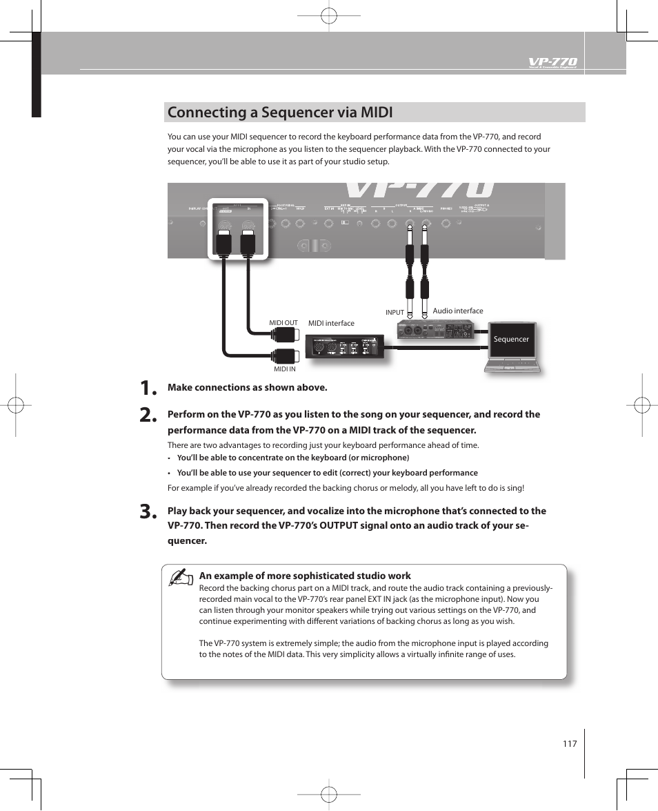 Connecting a sequencer via midi | Roland VP-770 User Manual | Page 117 / 128