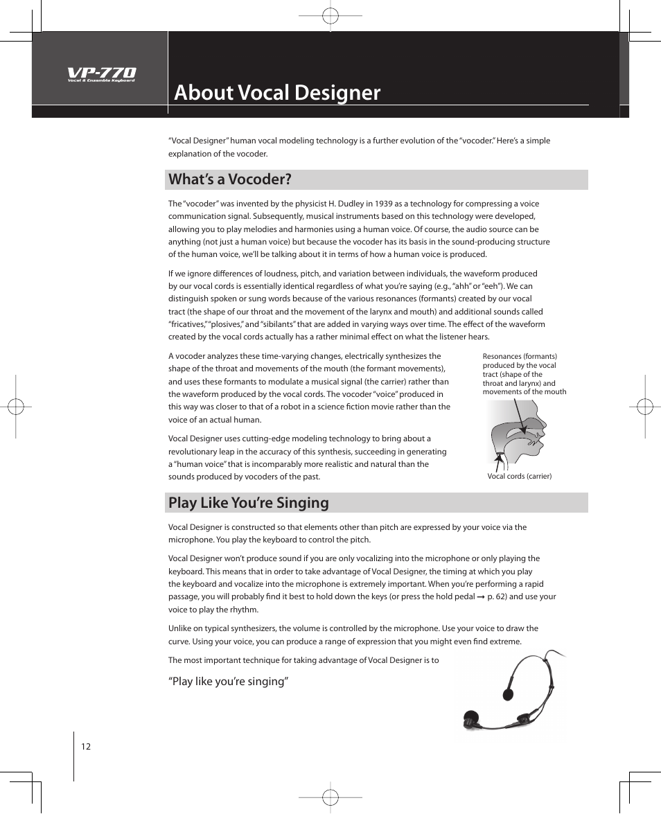 About vocal designer, What’s a vocoder, Play like you’re singing | Roland VP-770 User Manual | Page 12 / 128