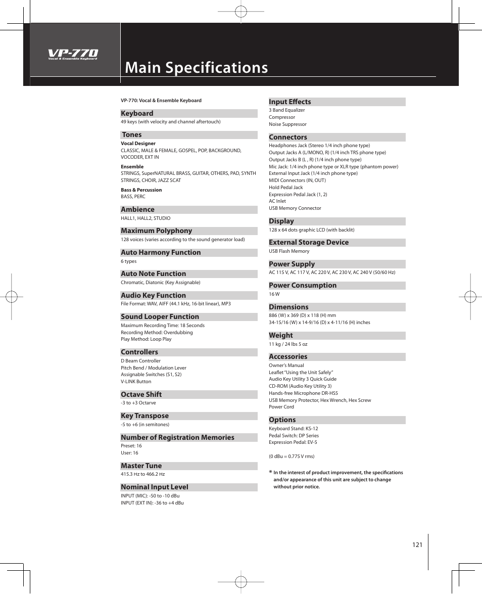 Main specifications | Roland VP-770 User Manual | Page 121 / 128