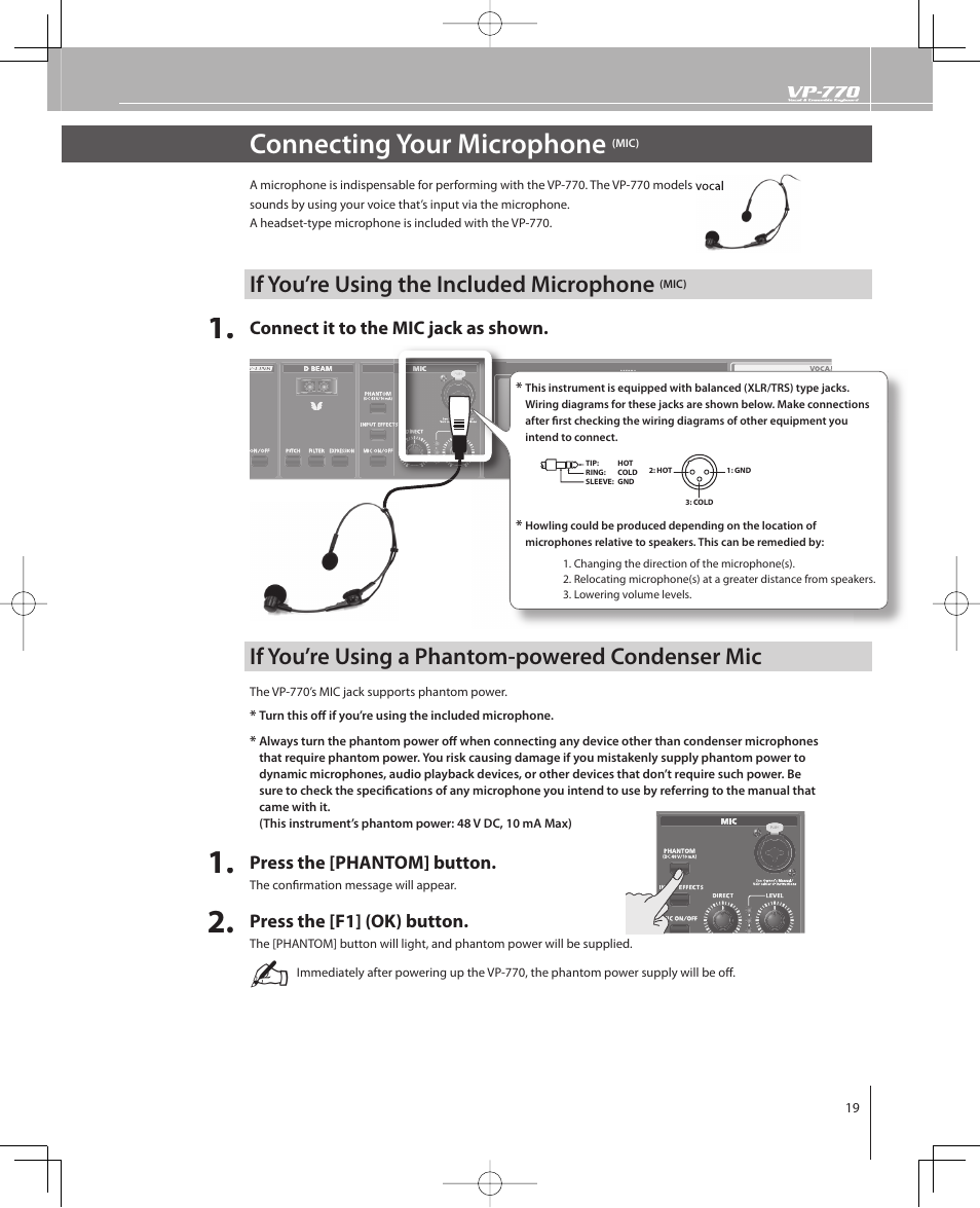 Connecting your microphone, If you’re using the included microphone, If you’re using a phantom-powered condenser mic | Roland VP-770 User Manual | Page 19 / 128
