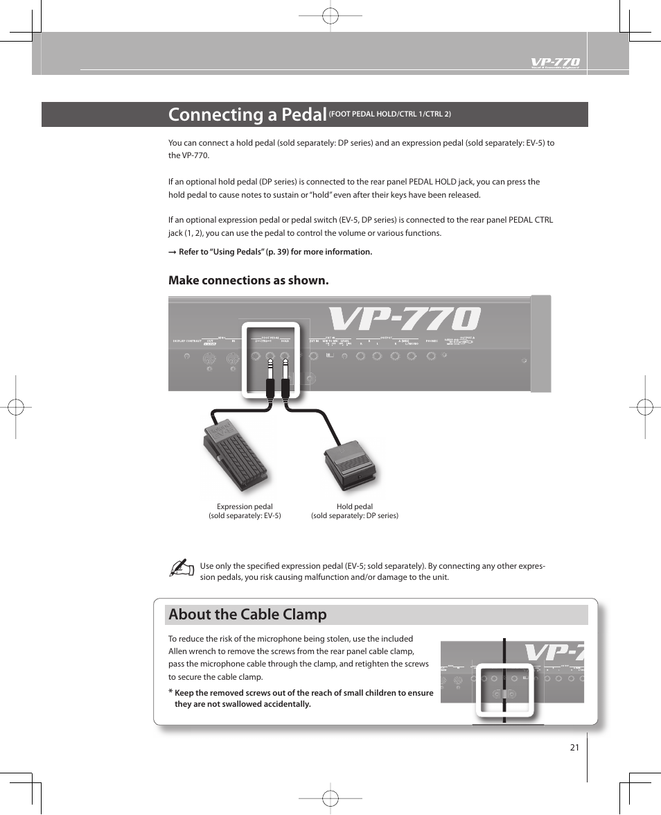 Connecting a pedal, About the cable clamp | Roland VP-770 User Manual | Page 21 / 128