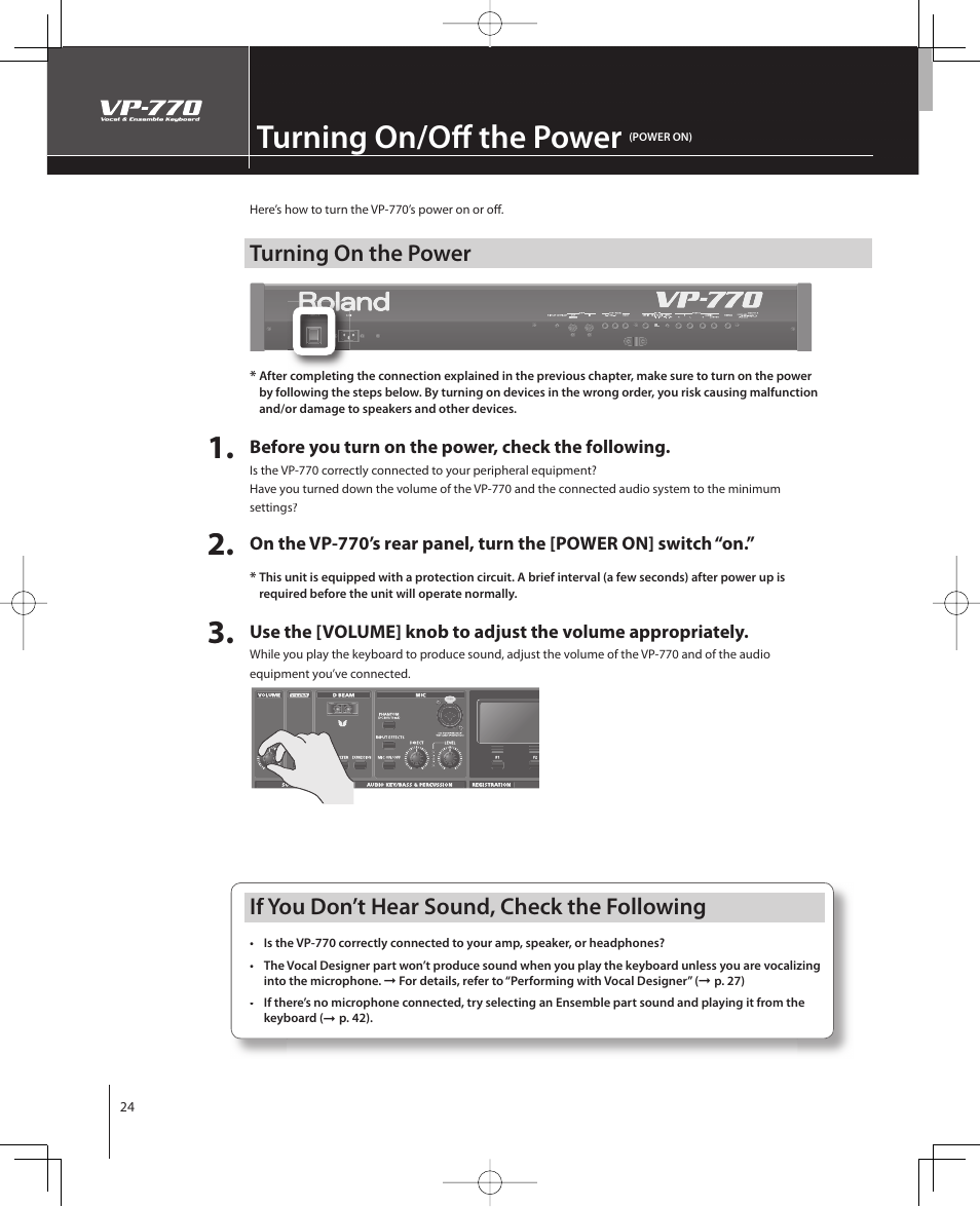 Turning on/off the power, Turning on the power, If you don’t hear sound, check the following | Roland VP-770 User Manual | Page 24 / 128