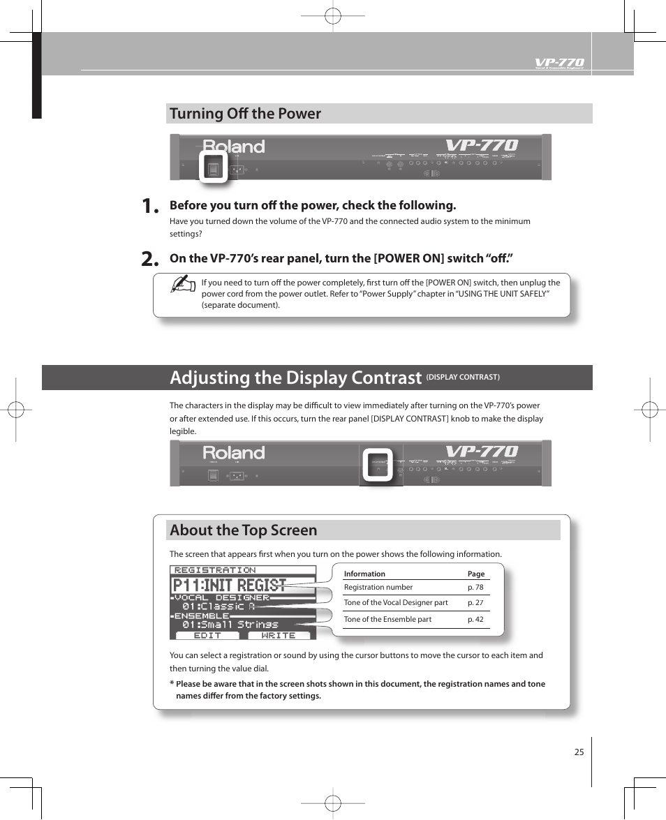 Adjusting the display contrast, Turning off the power, About the top screen | Roland VP-770 User Manual | Page 25 / 128
