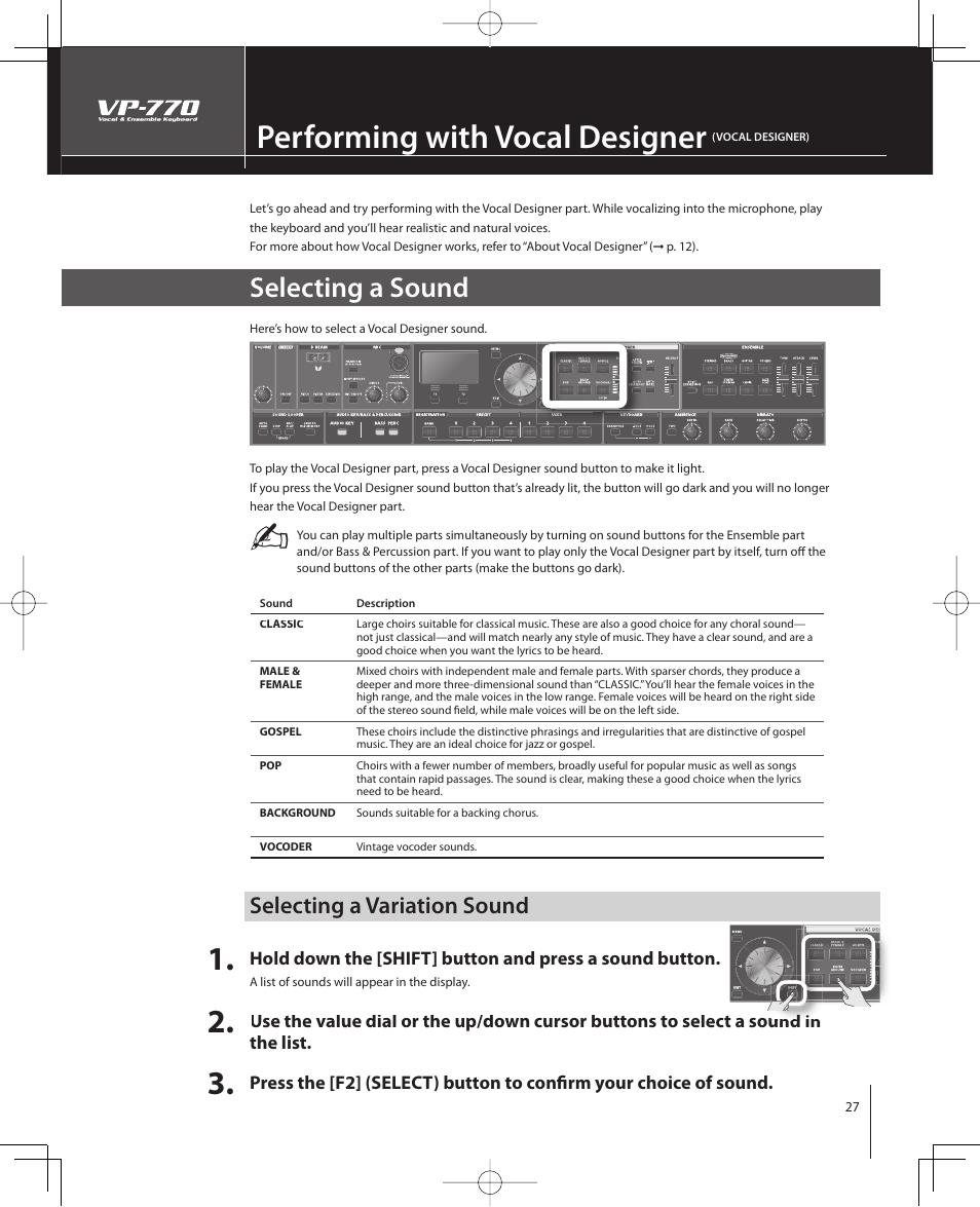 Performing with vocal designer, Selecting a sound, Selecting a variation sound | Roland VP-770 User Manual | Page 27 / 128
