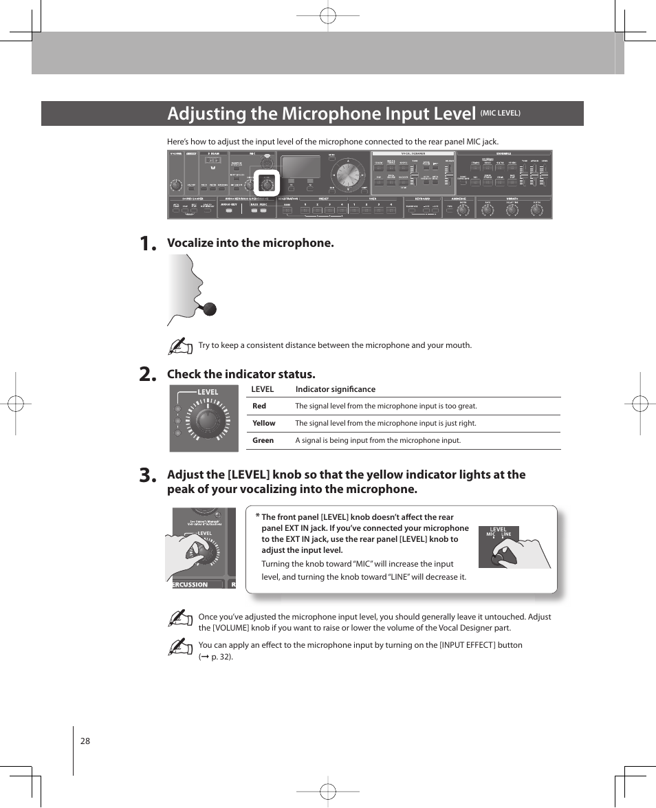 Adjusting the microphone input level | Roland VP-770 User Manual | Page 28 / 128
