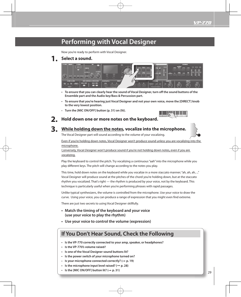 Performing with vocal designer, If you don’t hear sound, check the following, Select a sound | Roland VP-770 User Manual | Page 29 / 128
