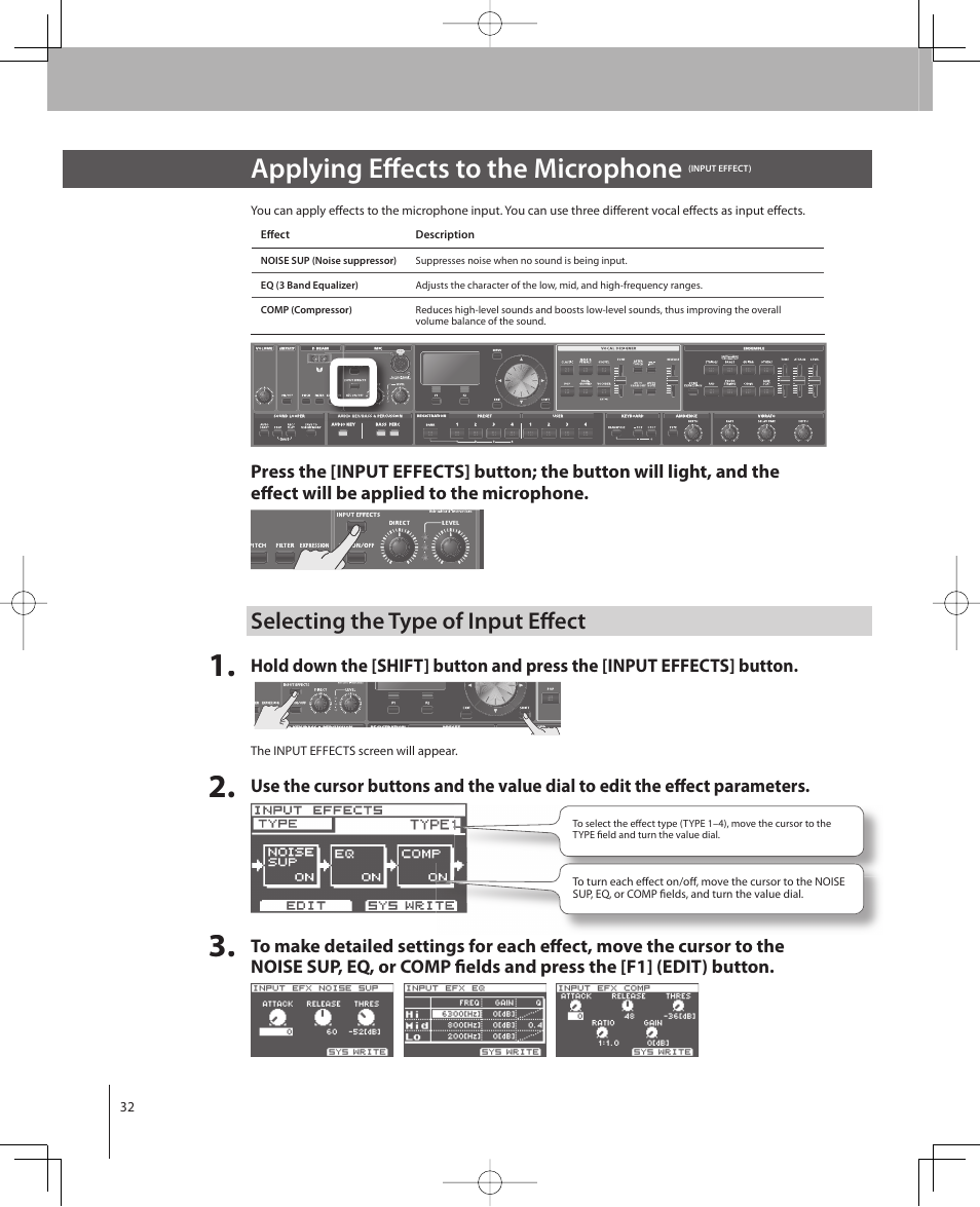 Applying eff ects to the microphone, Selecting the type of input eff ect | Roland VP-770 User Manual | Page 32 / 128