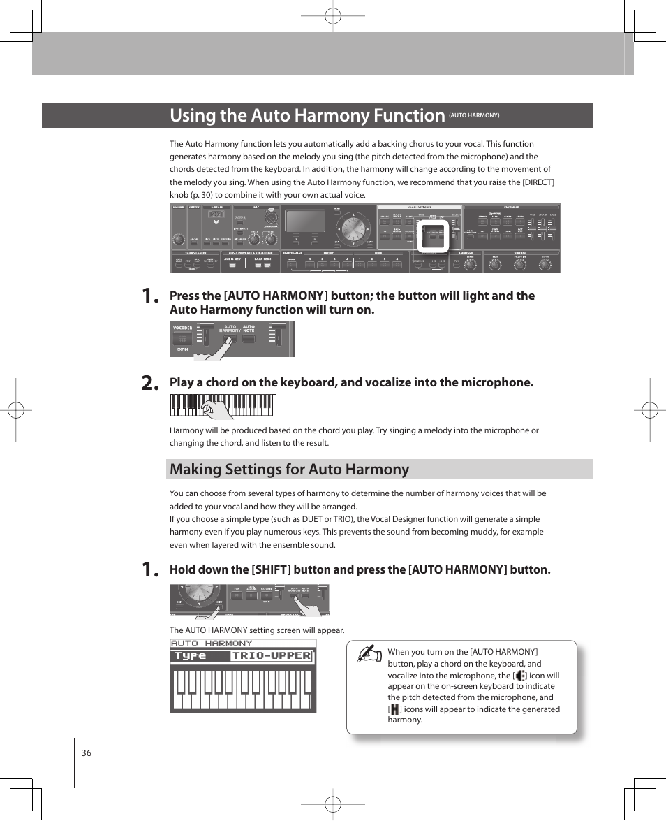 Using the auto harmony function, Making settings for auto harmony | Roland VP-770 User Manual | Page 36 / 128