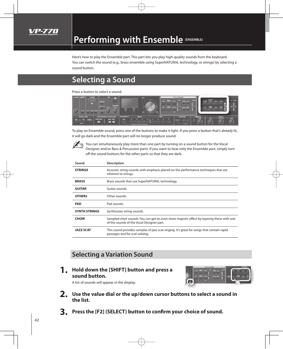 Performing with ensemble, Selecting a sound, Selecting a variation sound | Roland VP-770 User Manual | Page 42 / 128