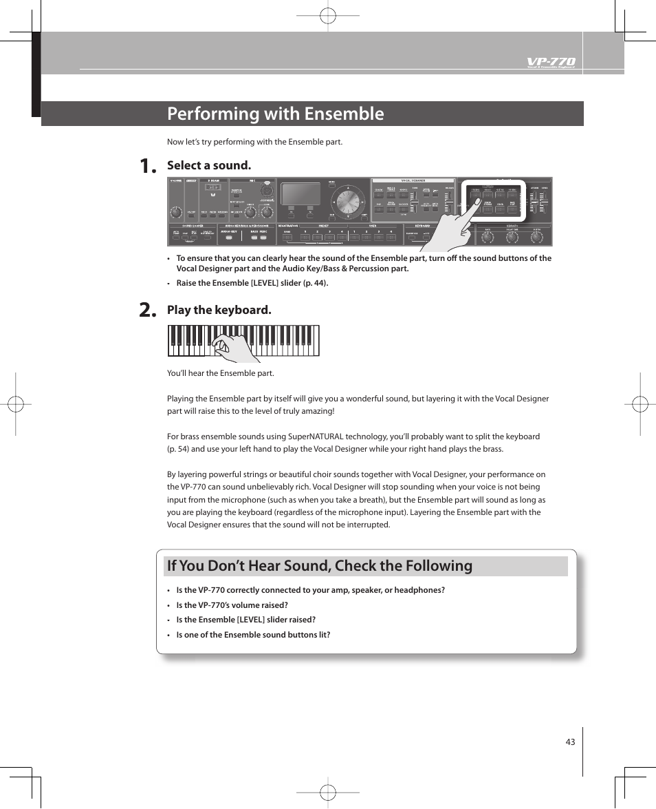 Performing with ensemble, If you don’t hear sound, check the following | Roland VP-770 User Manual | Page 43 / 128