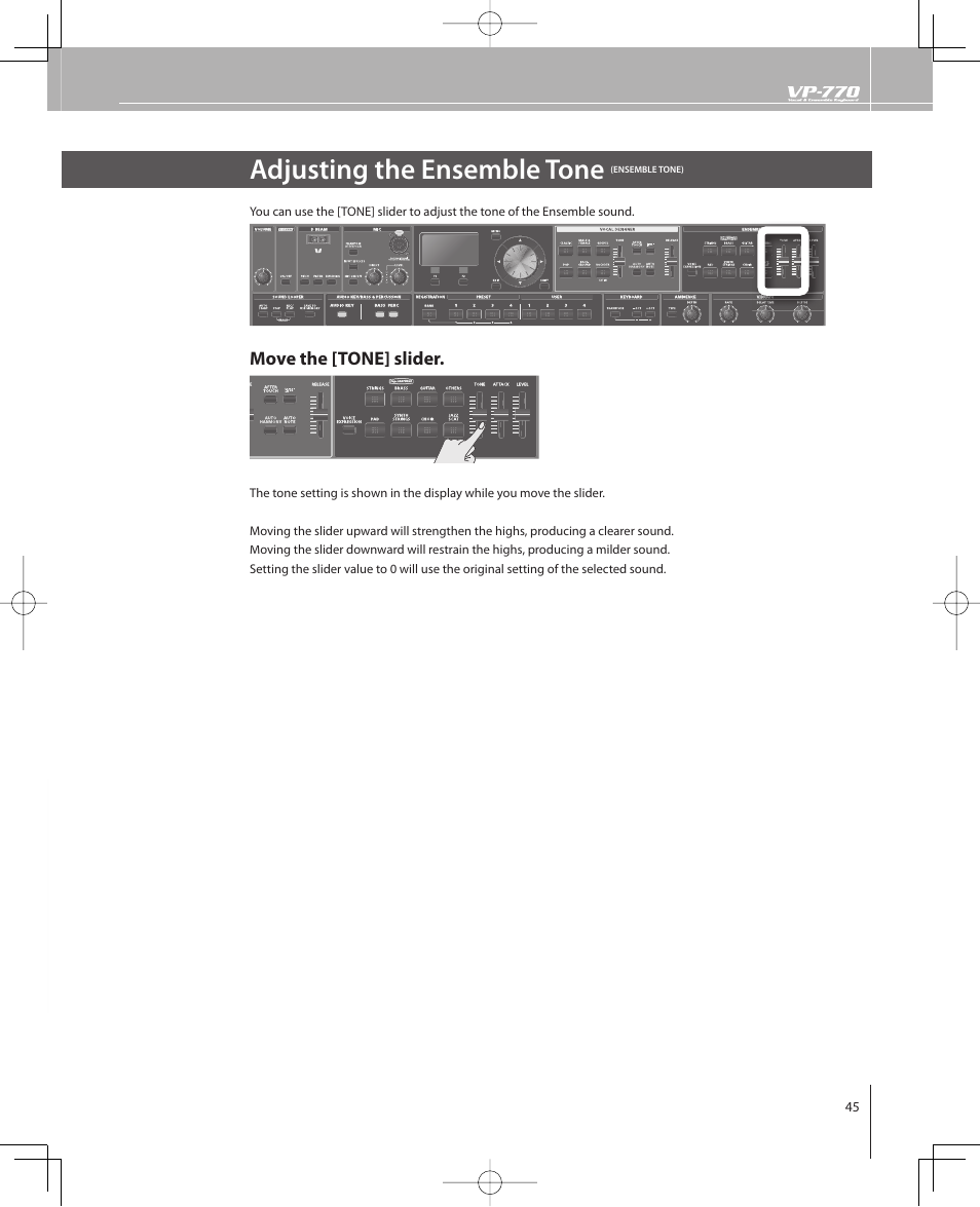Adjusting the ensemble tone, Move the [tone] slider | Roland VP-770 User Manual | Page 45 / 128