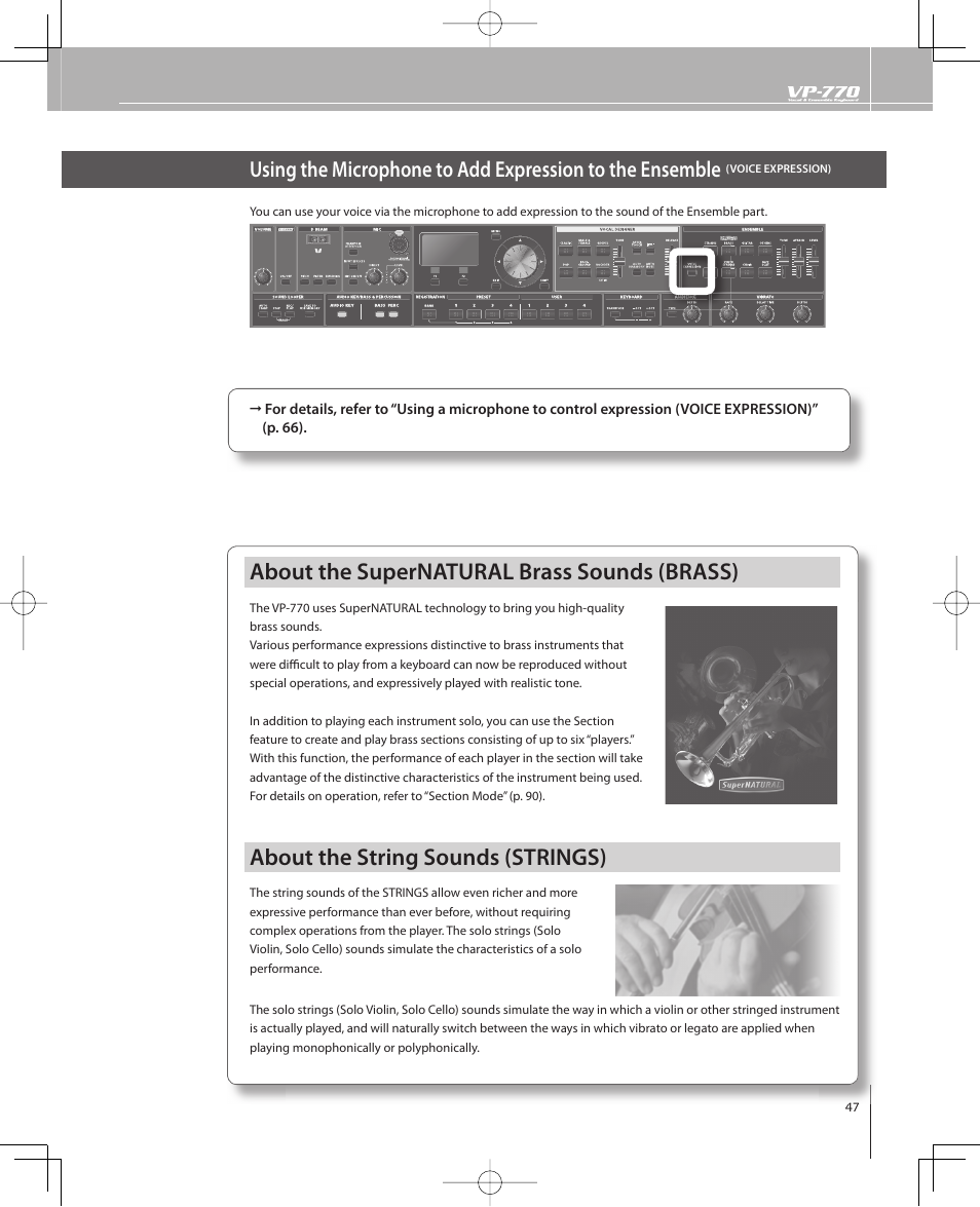 About the supernatural brass sounds (brass), About the string sounds (strings) | Roland VP-770 User Manual | Page 47 / 128