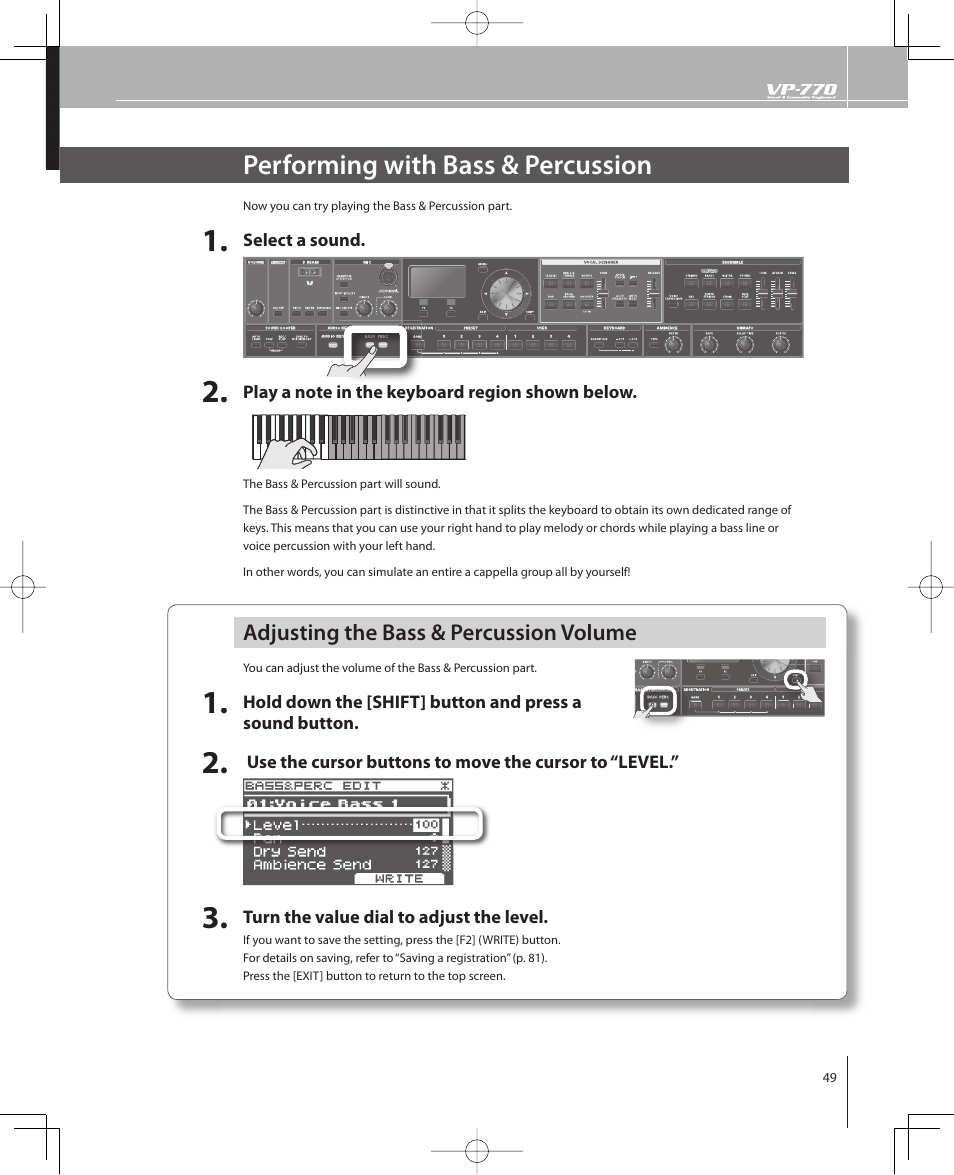 Performing with bass & percussion | Roland VP-770 User Manual | Page 49 / 128