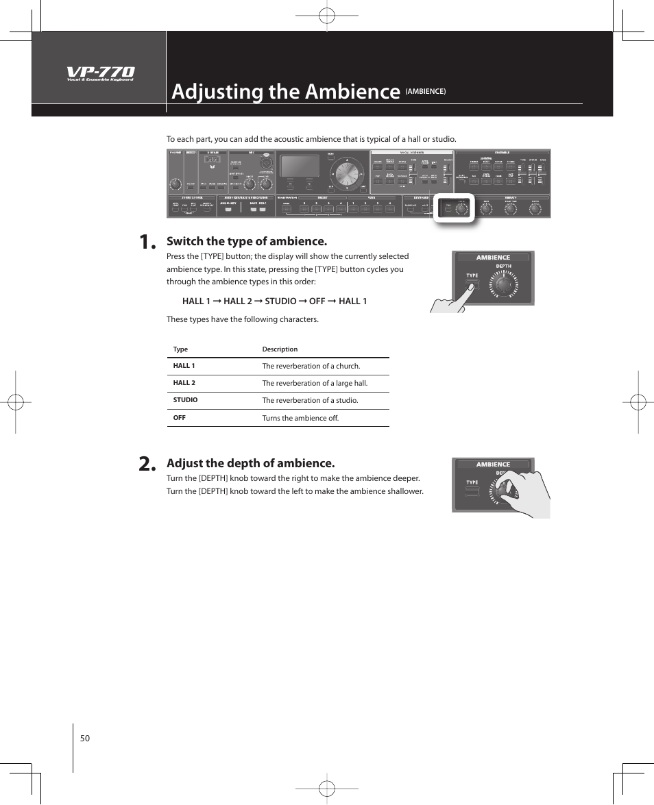 Adjusting the ambience, Switch the type of ambience, Adjust the depth of ambience | Roland VP-770 User Manual | Page 50 / 128