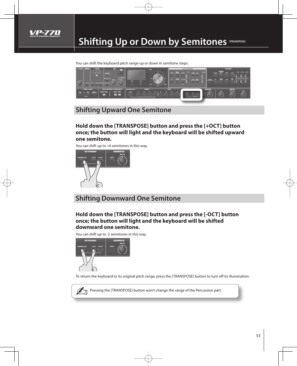 Shifting up or down by semitones, Shifting upward one semitone, Shifting downward one semitone | Roland VP-770 User Manual | Page 53 / 128