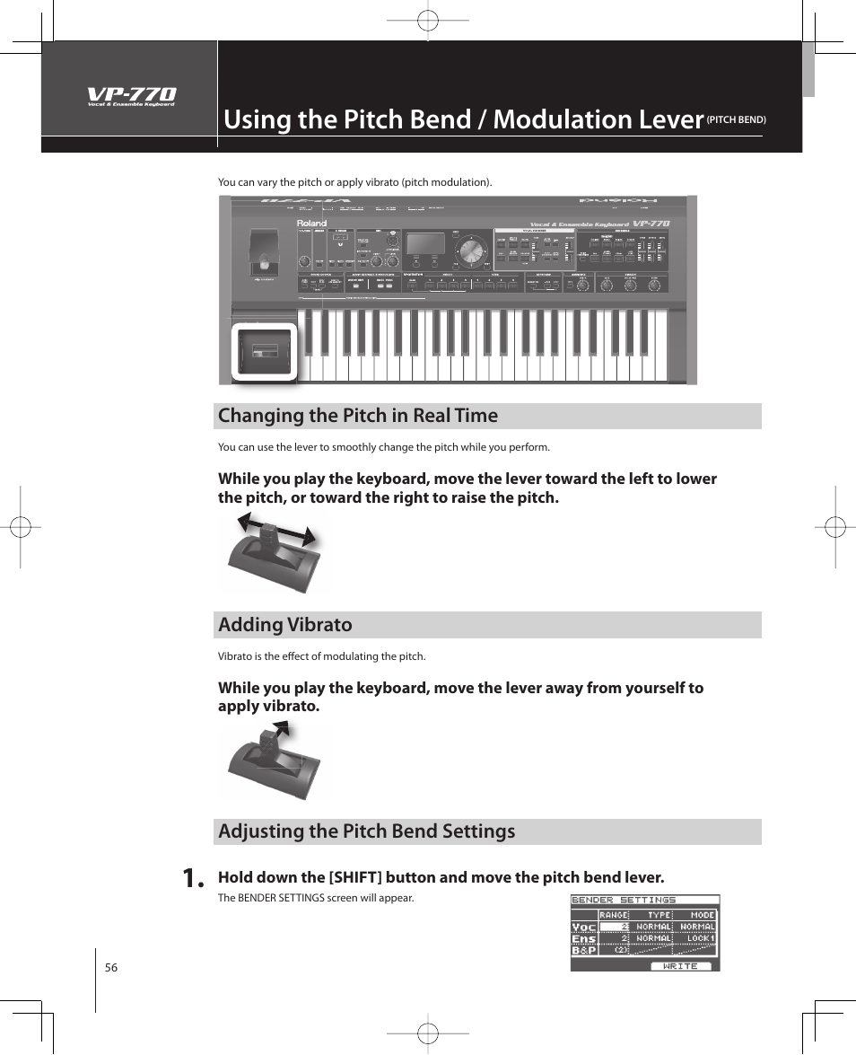 Using the pitch bend / modulation lever, Changing the pitch in real time, Adding vibrato | Adjusting the pitch bend settings | Roland VP-770 User Manual | Page 56 / 128