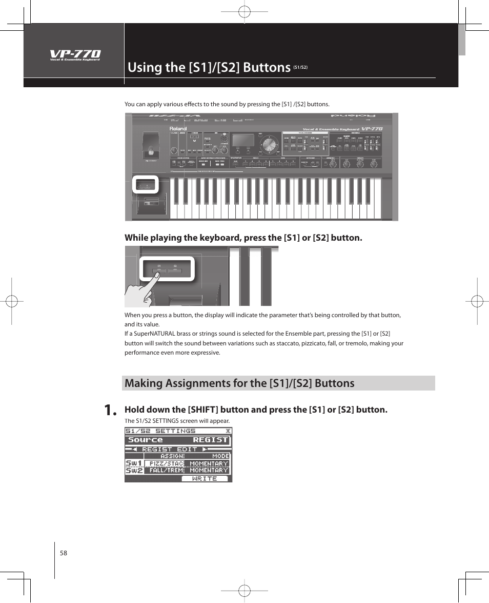 Using the [s1]/[s2] buttons, Making assignments for the [s1]/[s2] buttons | Roland VP-770 User Manual | Page 58 / 128
