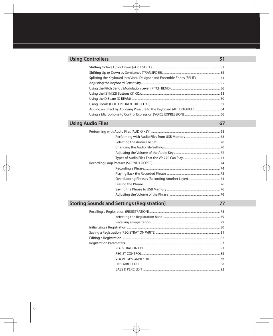 Using controllers 51, Using audio files 67, Storing sounds and settings (registration) 77 | Roland VP-770 User Manual | Page 6 / 128