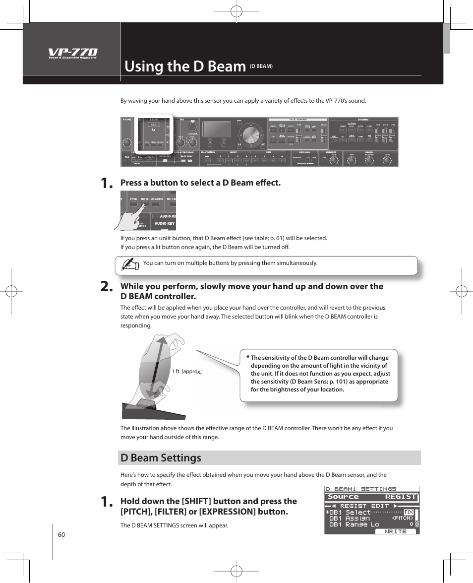 Using the d beam, D beam settings | Roland VP-770 User Manual | Page 60 / 128