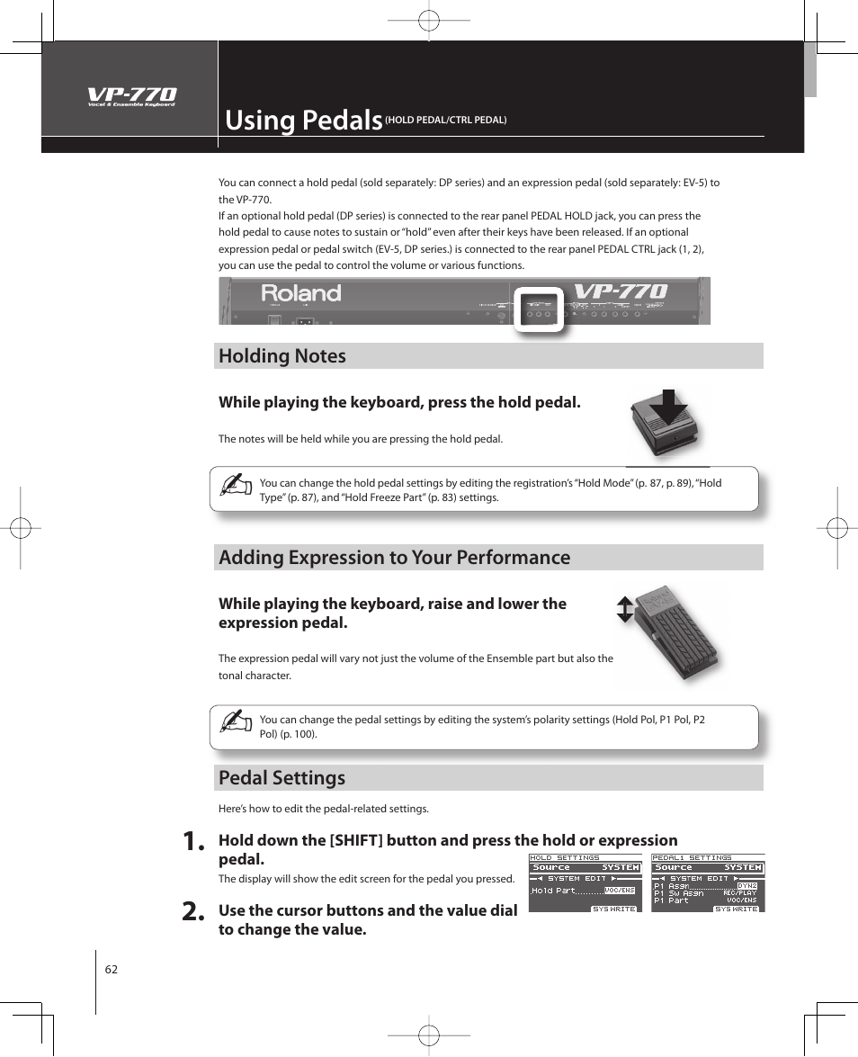 Using pedals, Adding expression to your performance, Pedal settings | Roland VP-770 User Manual | Page 62 / 128