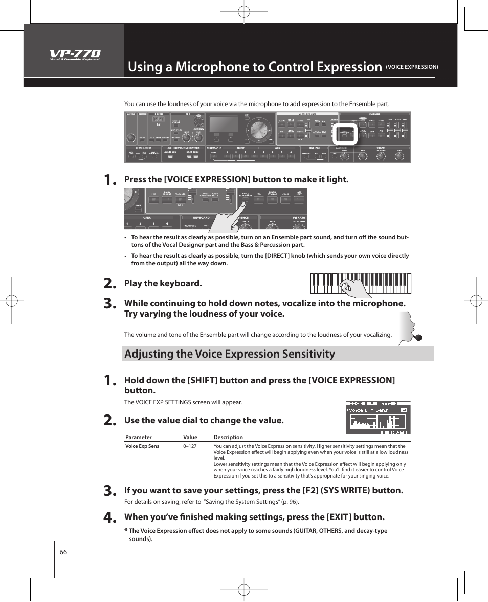 Using a microphone to control expression, Adjusting the voice expression sensitivity | Roland VP-770 User Manual | Page 66 / 128