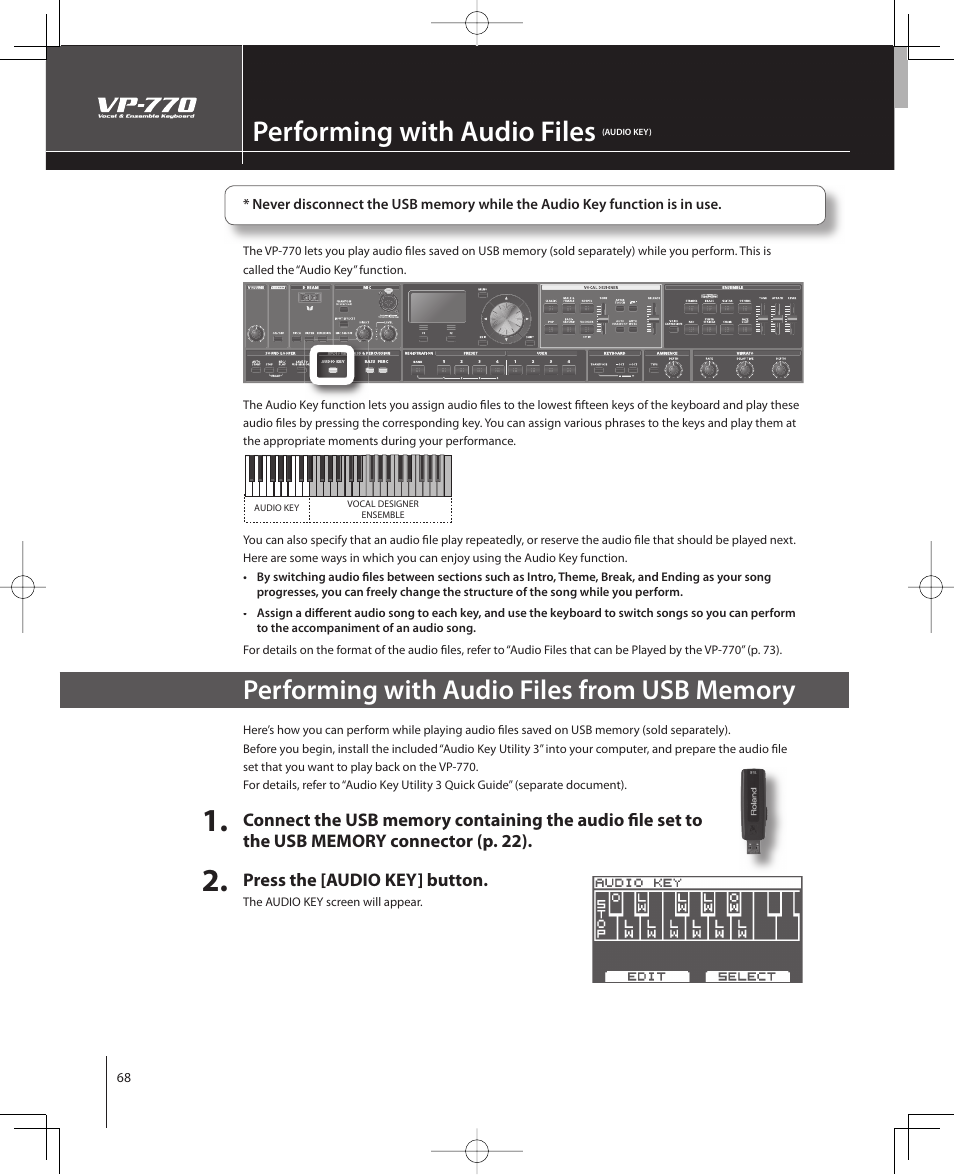 Performing with audio files | Roland VP-770 User Manual | Page 68 / 128