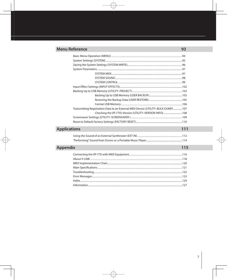 Menu reference 93, Applications 111, Appendix 115 | Roland VP-770 User Manual | Page 7 / 128