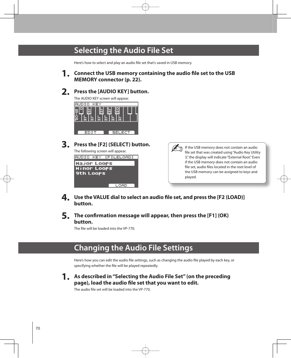 Selecting the audio file set, Changing the audio file settings | Roland VP-770 User Manual | Page 70 / 128