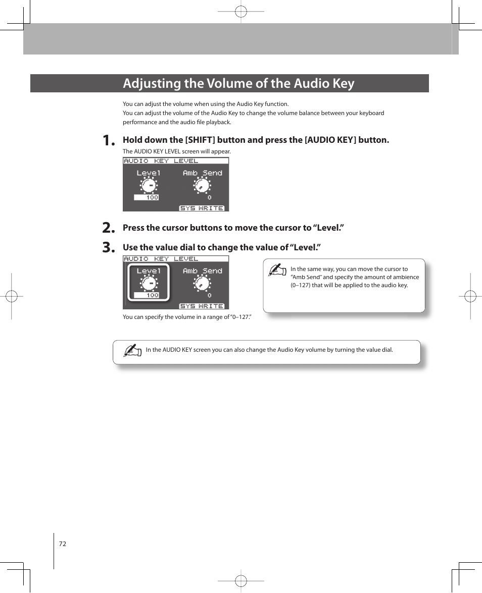 Adjusting the volume of the audio key | Roland VP-770 User Manual | Page 72 / 128