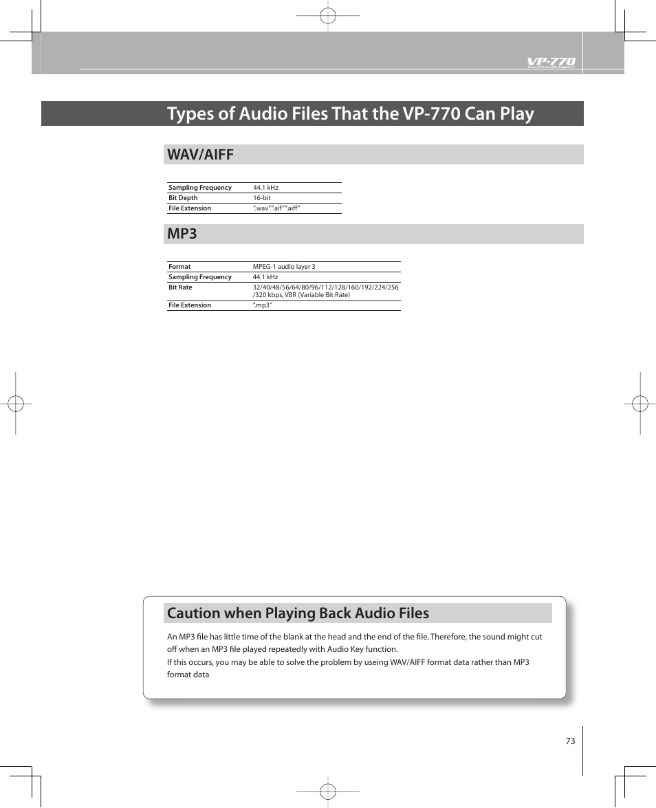 Types of audio files that the vp-770 can play, Wav/aiff, Caution when playing back audio files | Roland VP-770 User Manual | Page 73 / 128