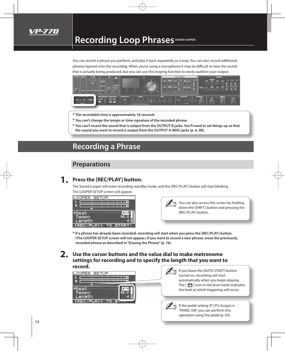 Recording loop phrases, Recording a phrase | Roland VP-770 User Manual | Page 74 / 128