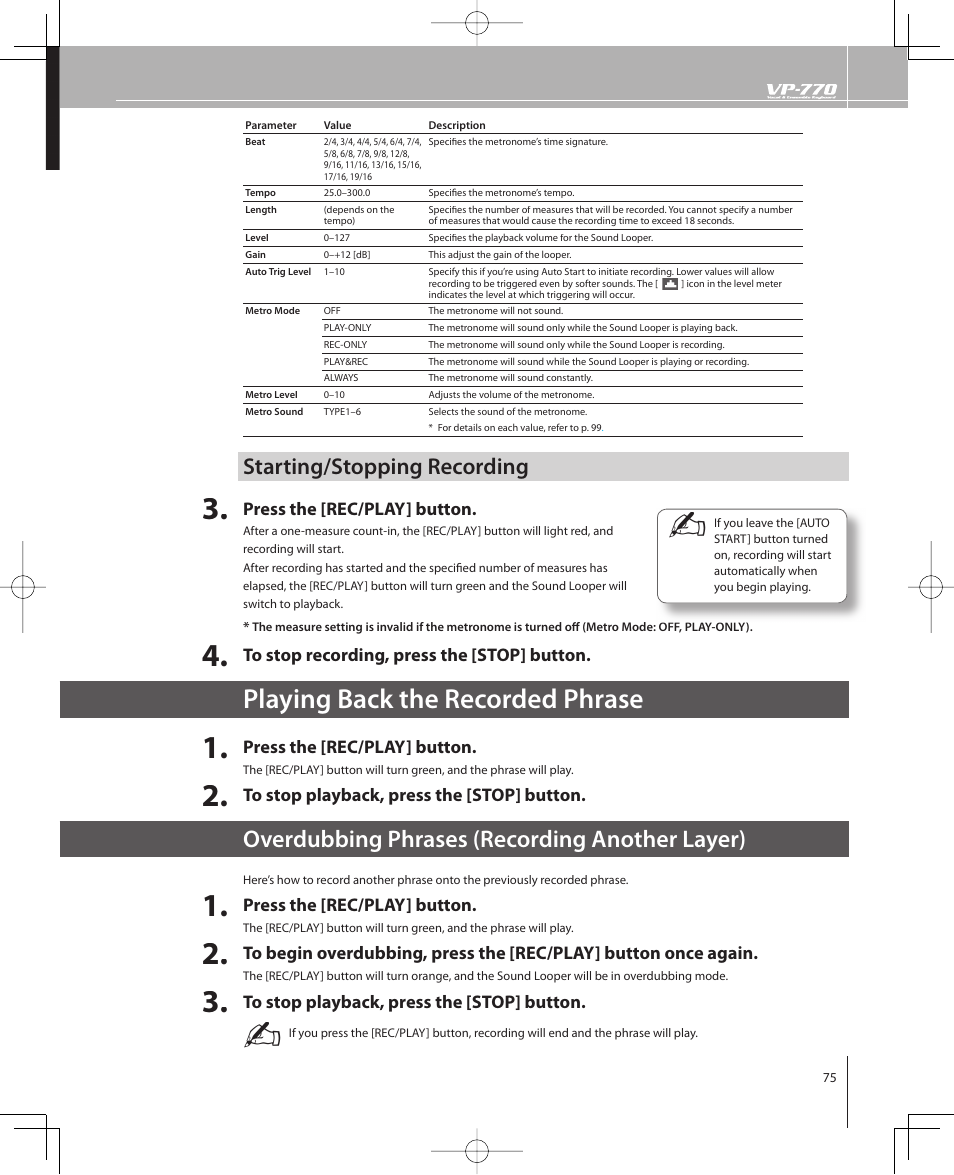 Playing back the recorded phrase, Overdubbing phrases (recording another layer), Starting/stopping recording | Roland VP-770 User Manual | Page 75 / 128