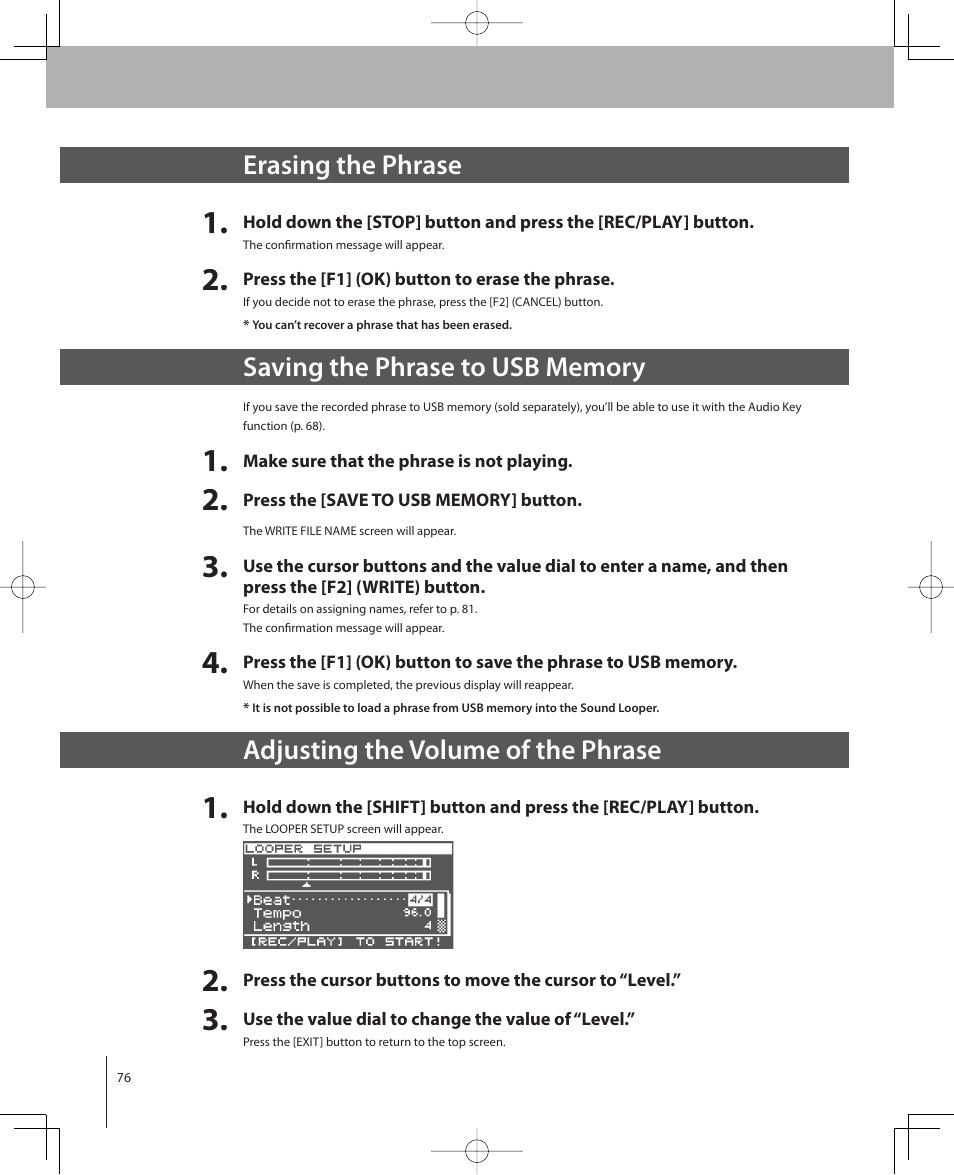 Erasing the phrase, Adjusting the volume of the phrase | Roland VP-770 User Manual | Page 76 / 128