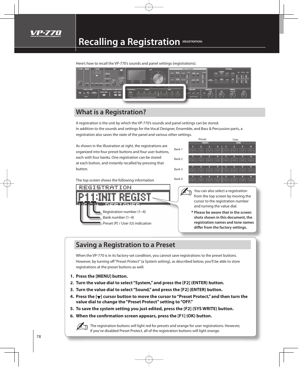 Recalling a registration, What is a registration, Saving a registration to a preset | Roland VP-770 User Manual | Page 78 / 128