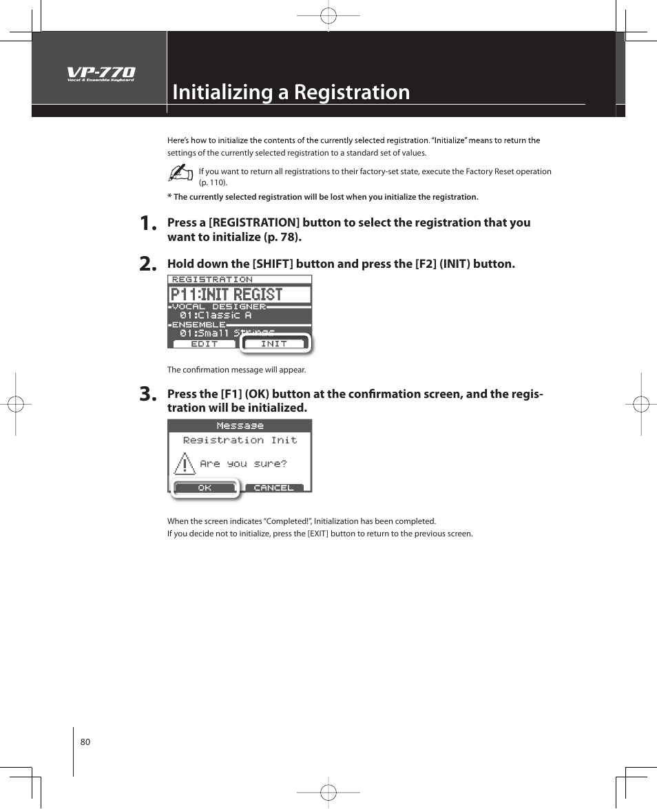 Initializing a registration | Roland VP-770 User Manual | Page 80 / 128