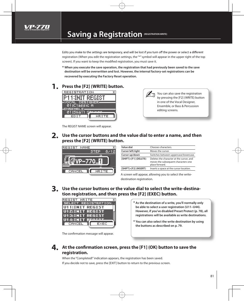 Saving a registration | Roland VP-770 User Manual | Page 81 / 128