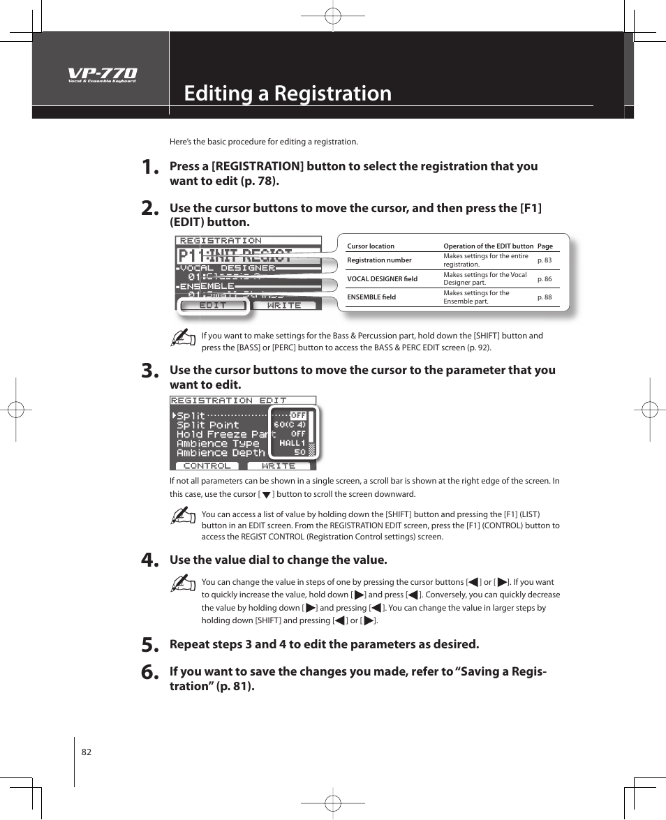 Editing a registration | Roland VP-770 User Manual | Page 82 / 128