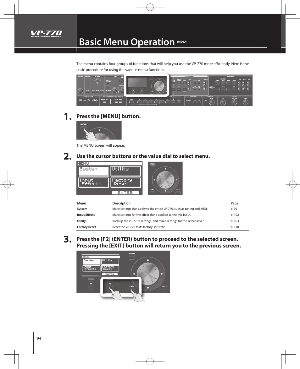 Basic menu operation, Press the [menu] button | Roland VP-770 User Manual | Page 94 / 128