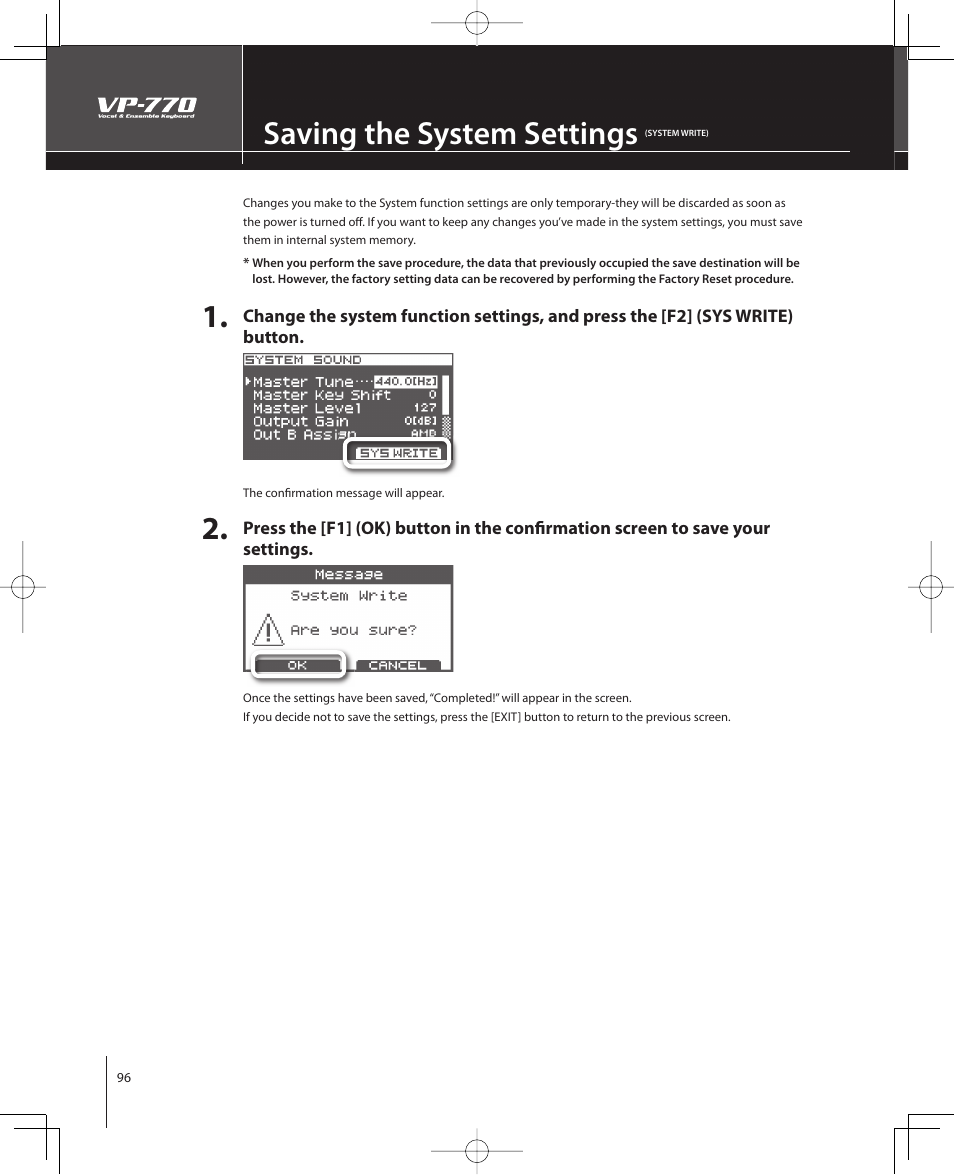 Saving the system settings | Roland VP-770 User Manual | Page 96 / 128