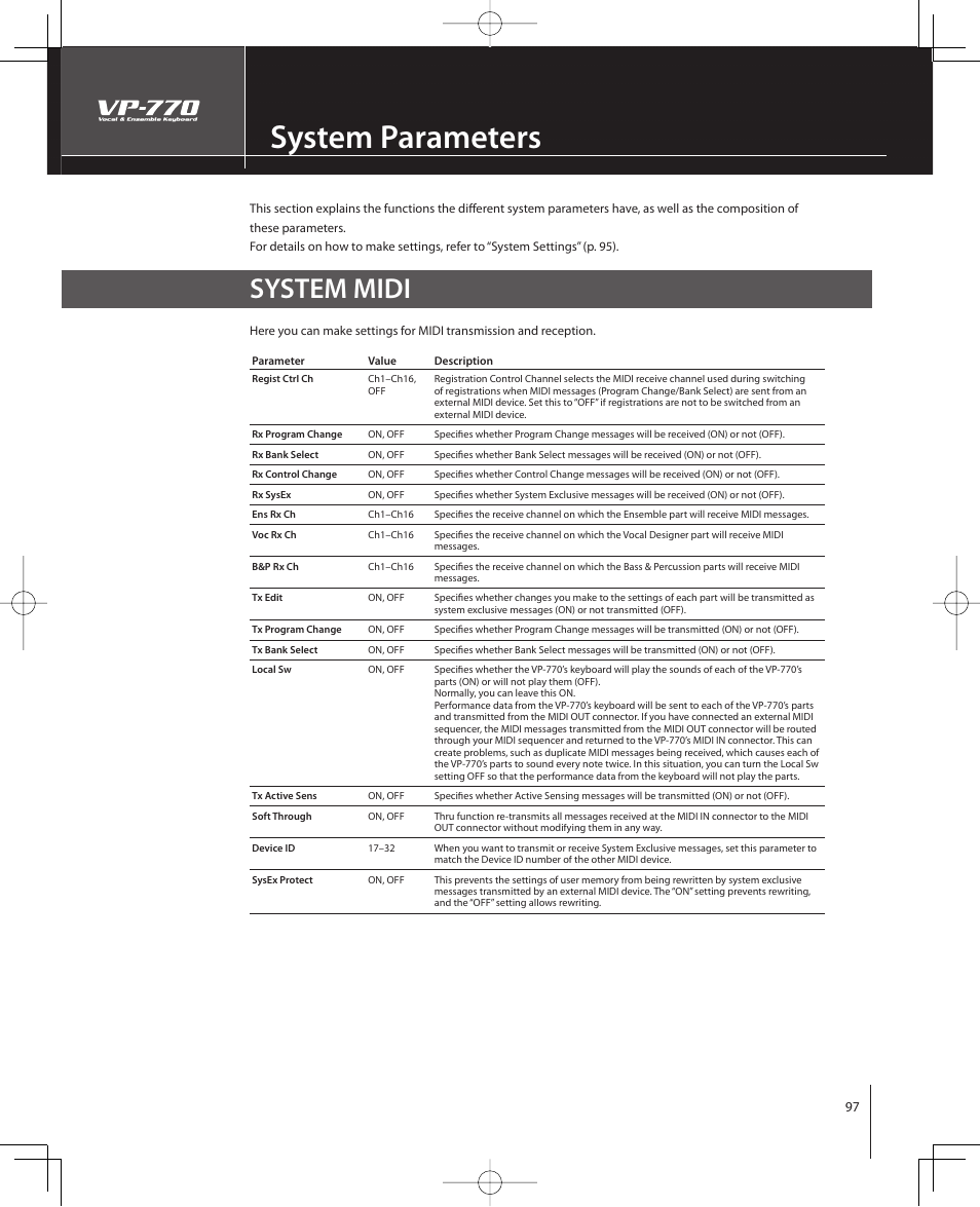 System parameters, System midi | Roland VP-770 User Manual | Page 97 / 128