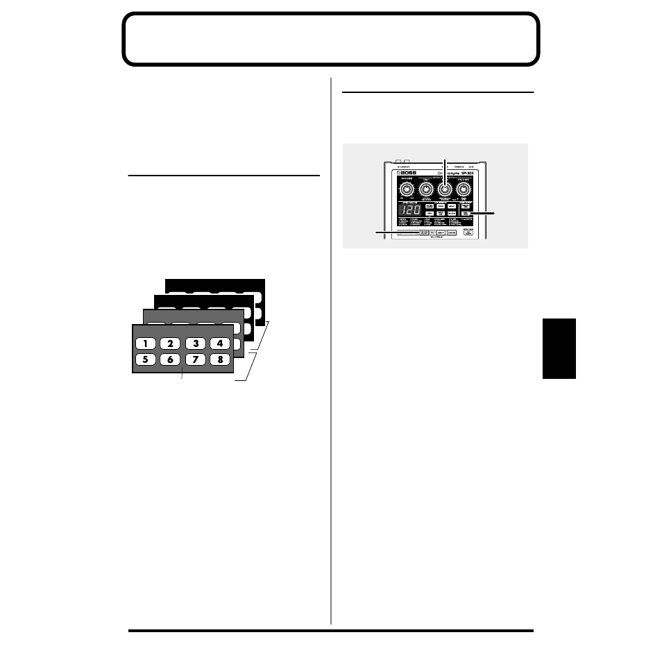 Composition of patterns, Changing the tempo of a pattern, To synchronize with a cd’s or turntable’s tempo | Chapter 5 | Roland SP-303 User Manual | Page 44 / 77