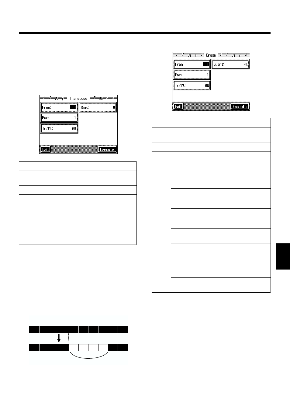 Transposing individual parts (transpose), Making measures blank (erase), P. 125 | 125 chapter 6 creating and editing songs | Roland KF-7 User Manual | Page 125 / 192